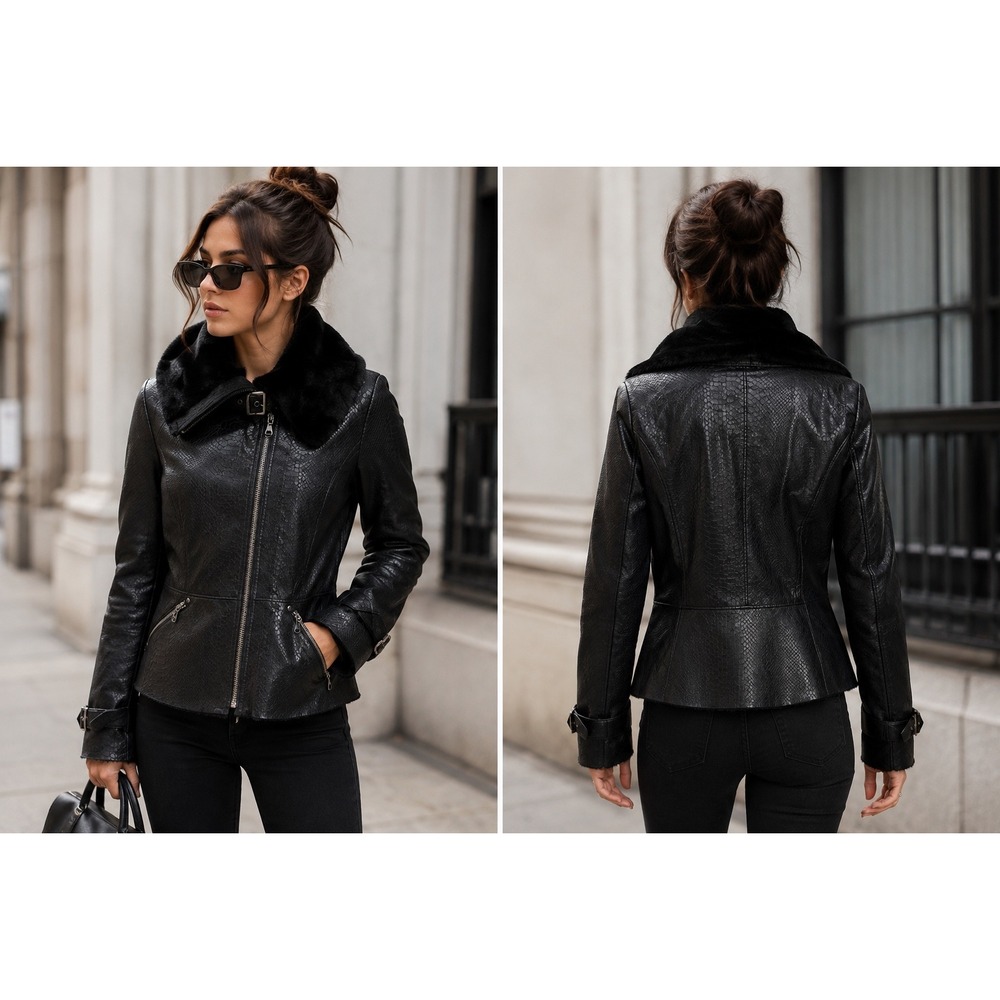 Cache Jacket Women Large Black Snakeskin Faux Leather Fur Lined Moto Biker